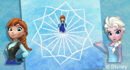 آنا وإلسا من فيلم Frozen. بينهما صورة لآنا ترسم شكلًا جميلًا في الجليد باستخدام زلاجاتها على الجليد.